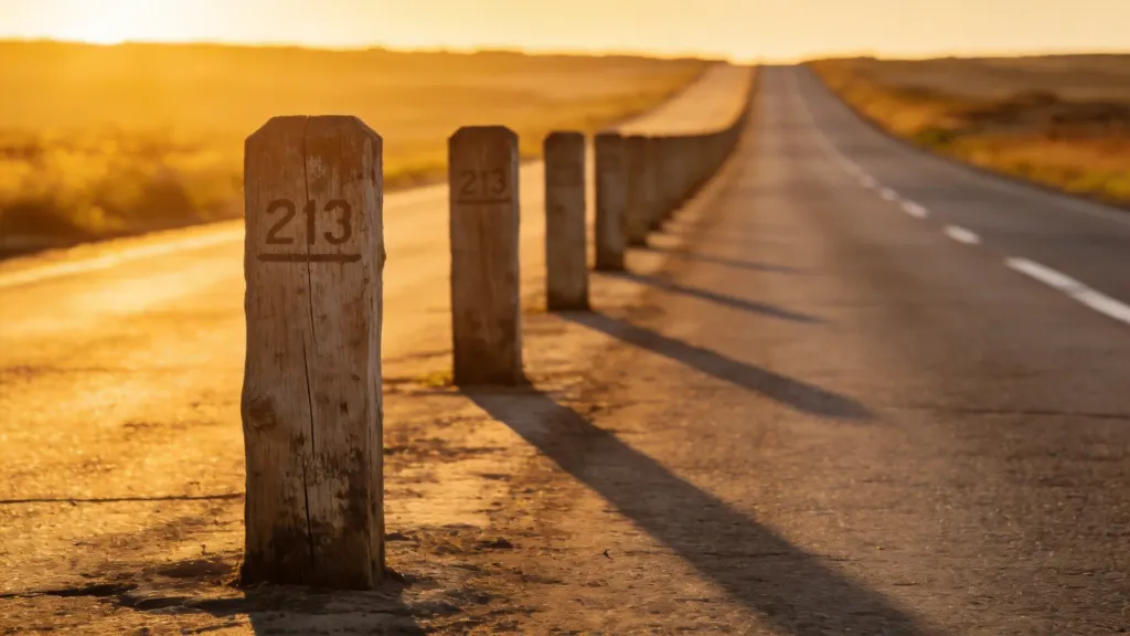 A long road with wooden milestone posts at sunrise, symbolizing the stages of a journey