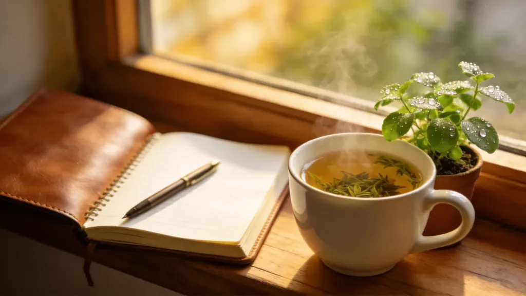 A peaceful windowsill with herbal tea, an open journal and a small green plant in soft morning light